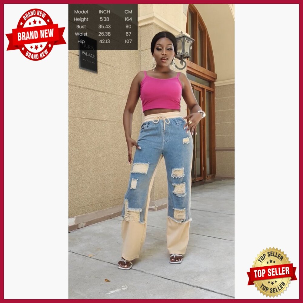 Wide Leg Patchwork Jeans with Drawstring Waist, D… - image 6